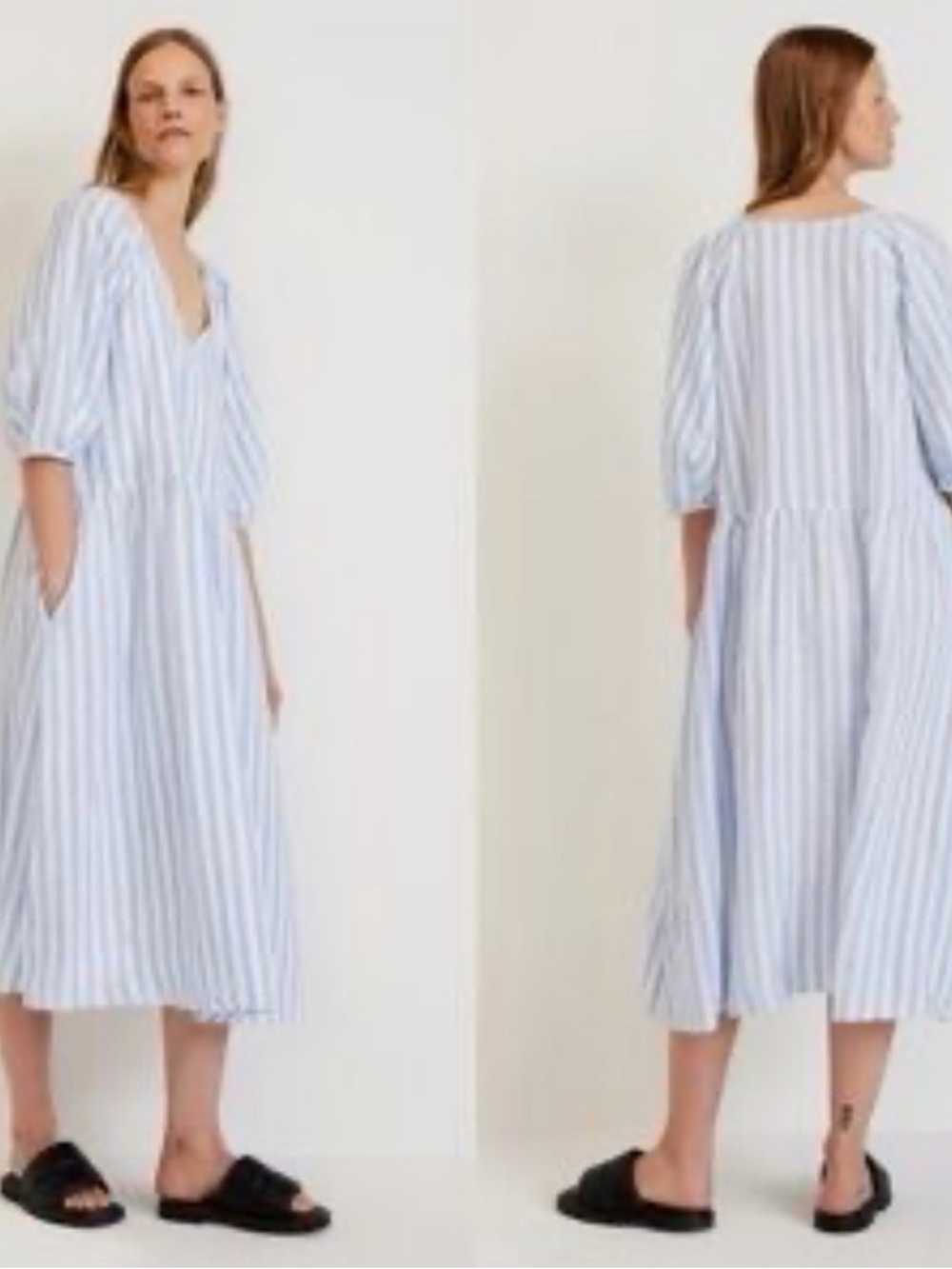 Everlane 100% Linen Weekend Summer Dress XL Puff Sleeve Pockets Lined Striped
